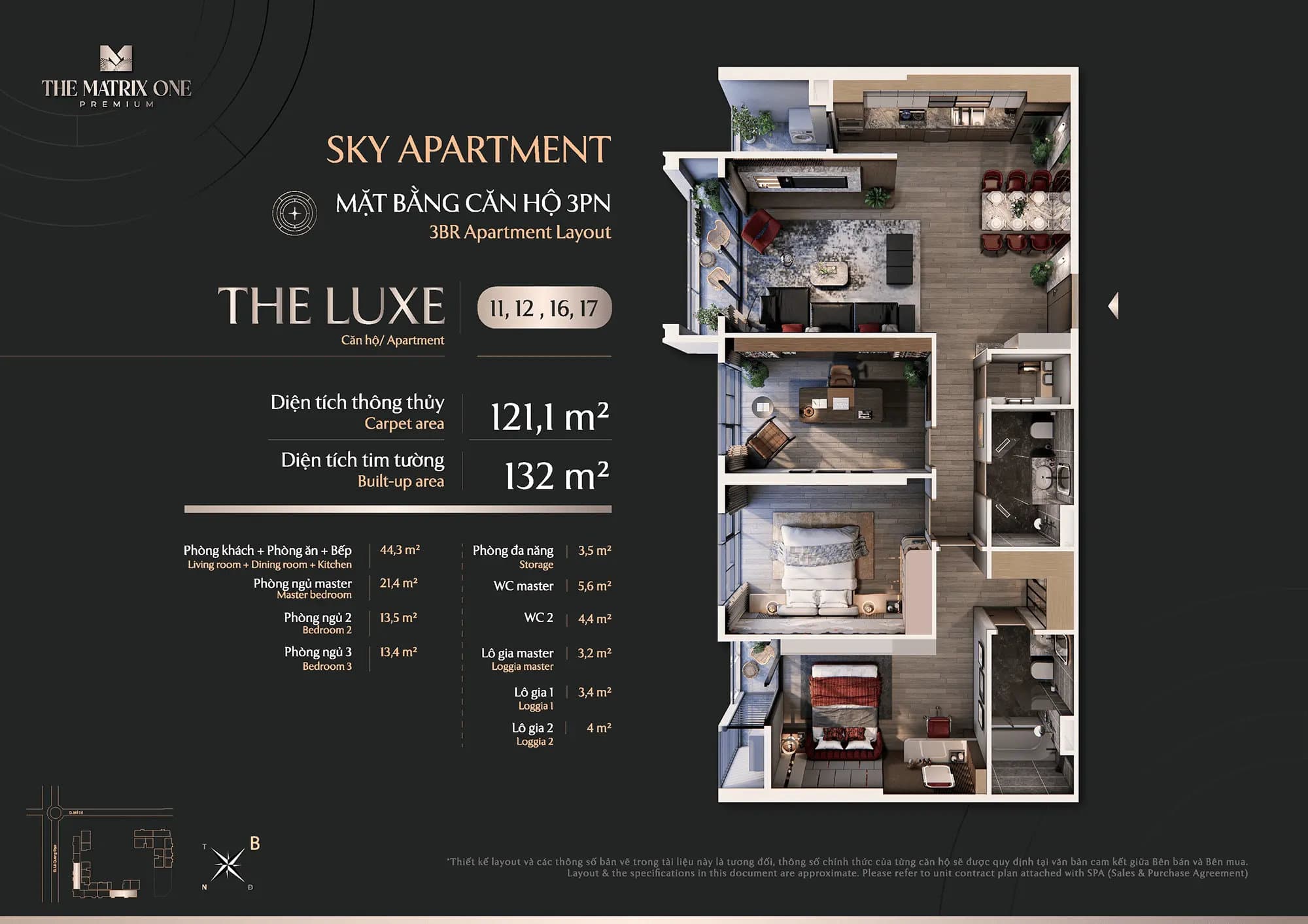 Mặt bằng The Matrix One Premium - Chủ đầu tư MIK Group 1 Layout căn 3PN - The Luxe (11, 12, 16, 17)