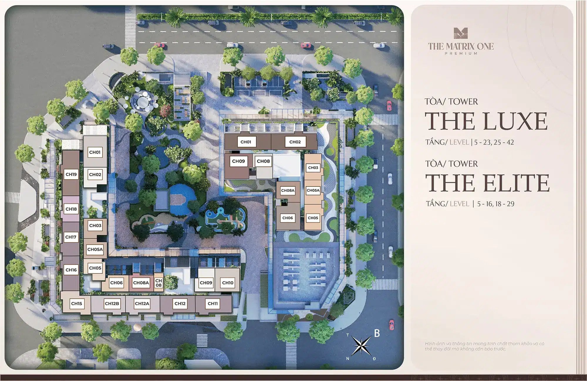 The Matrix Premium ‘chiều lòng’ gu chọn nhà của giới trẻ 13 Hình ảnh mặt bằng The Matrix One Premium, hiển thị bố trí các căn hộ (CH01 đến CH18) trong hai phân khu The Luxe và The Elite, bao quanh bởi cây xanh, hồ bơi và khu vực tiện ích, với bản đồ định hướng phía dưới.
