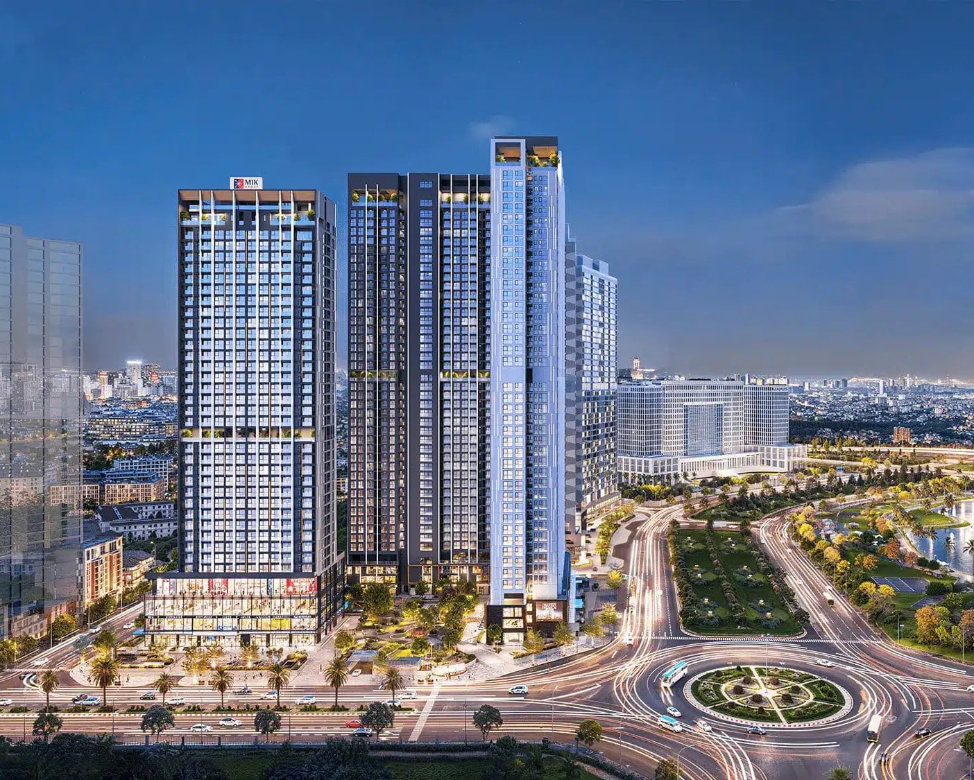 The Matrix One Premium 1 Phối cảnh dự án The Matrix One Premium về đêm với các tòa tháp cao tầng sáng đèn, đường giao thông hiện đại và khuôn viên cây xanh bao quanh.